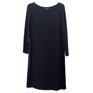 Eileen Fisher System Side Slit Silk Midi Dress Black Long Sleeves Boat Neck XXS